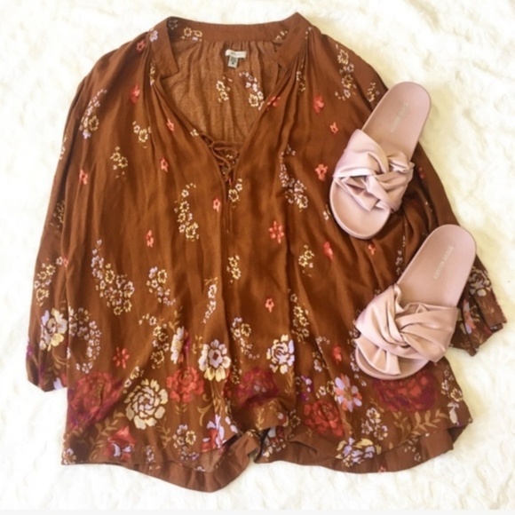 Ecote Lily Lace Up Floral Top Boho Gypsy Hippie - Picture 2 of 8